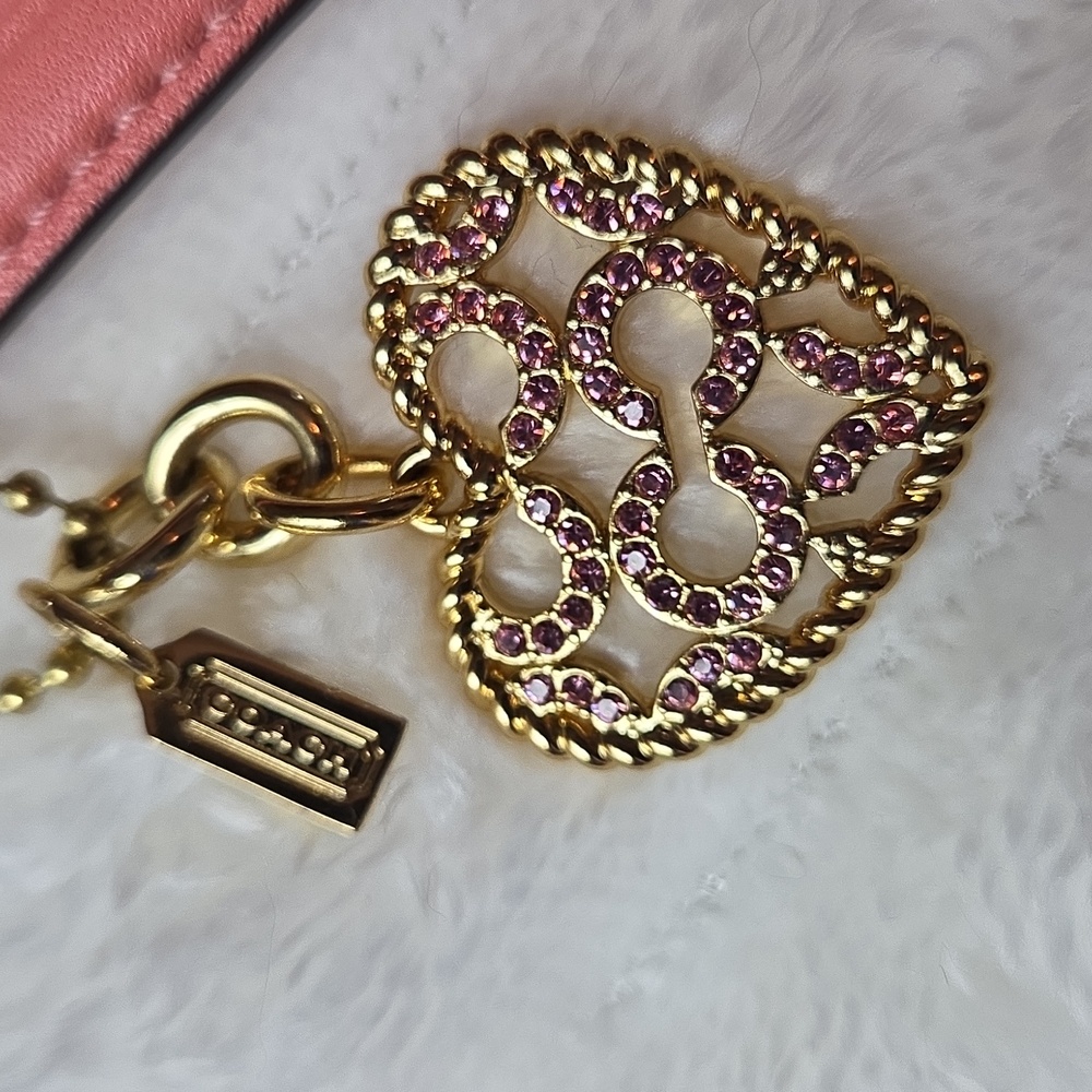 COACH 2.25" Salmon Pink Hangtag, Pink Pave & Gold Heart, Gold Coach Square - Picture 5 of 11
